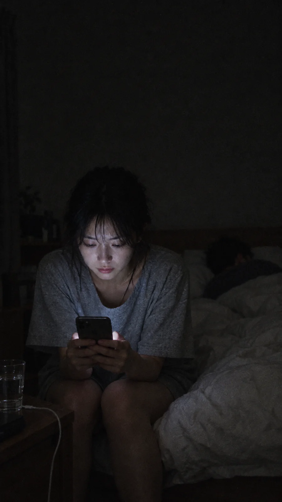 夜、灯りの消えた寝室。眠る恋人の横で、ベッドの端に座った女性が彼のスマホを見つめている。